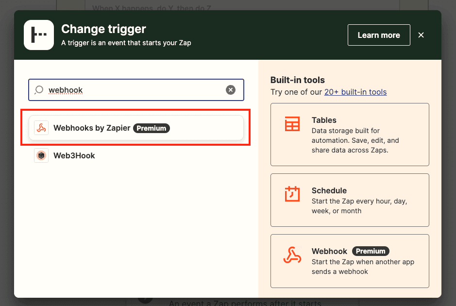 Choose Webhooks by Zapier